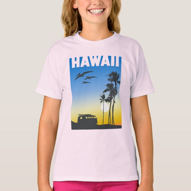 Hawaii Sunset Surf Dinosaur Girls' T-Shirt (Front)