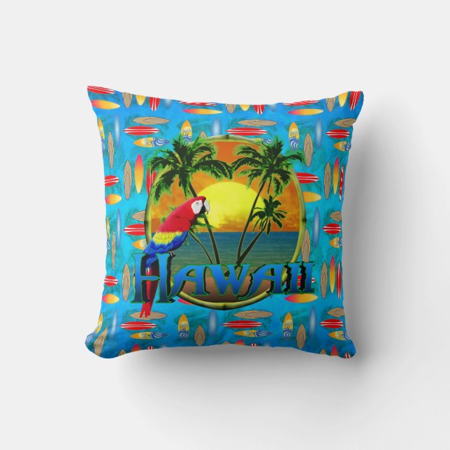 Hawaii Sunset Surfboards Throw Pillow (Front)