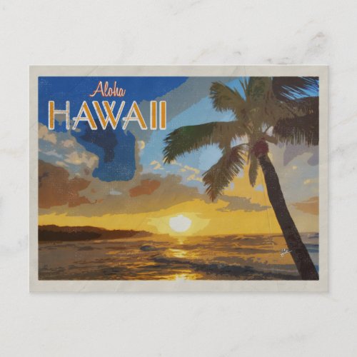 Hawaii Sunset Vintage Travel Poster Palm Trees Postcard