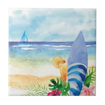Hawaii Surf Vacation - Watercolor Art Ceramic Tile by GiftStation at Zazzle