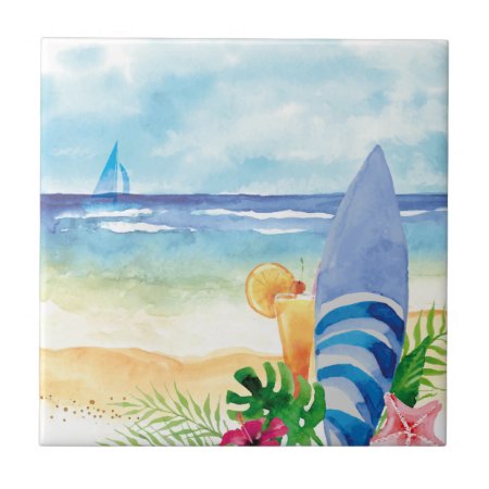 Hawaii Surf Vacation - Watercolor Art Ceramic Tile