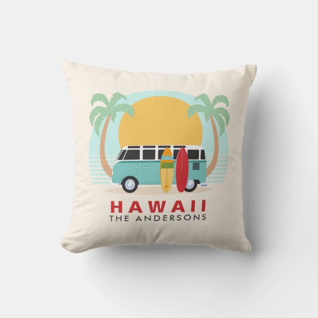 Hawaii Surfboard Van Family Name Throw Pillow (Front)