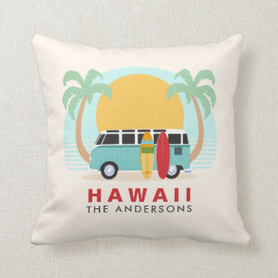 Hawaii Surfboard Van Family Name Throw Pillow
