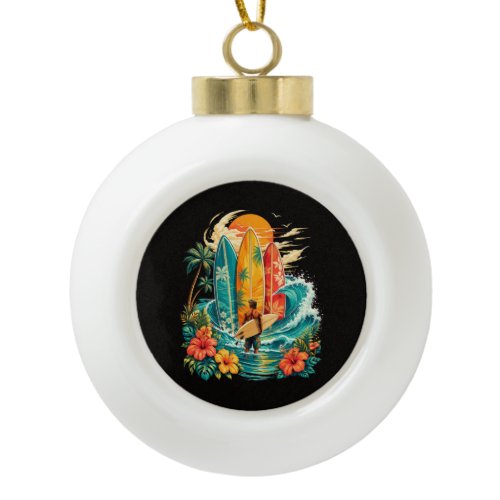 Hawaii Surfboard Wave Beach Surfer Vintage Ceramic Ball Christmas Ornament