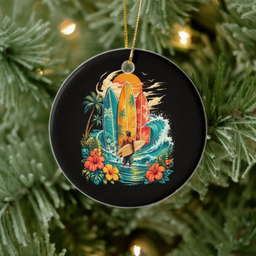 Hawaii Surfboard Wave Beach Surfer Vintage Ceramic Ornament