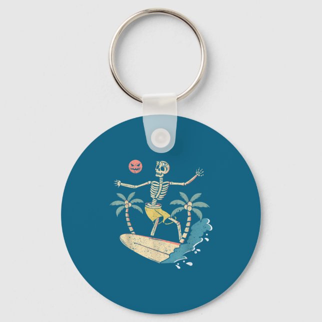 Hawaii Surfer Skeleton Halloween Beach Y Soky Surf Keychain (Front)
