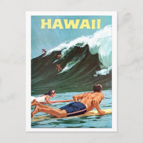 Hawaii surfing big wave vintage travel postcard