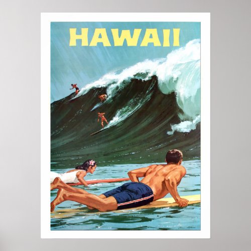 Hawaii surfing big wave vintage travel poster