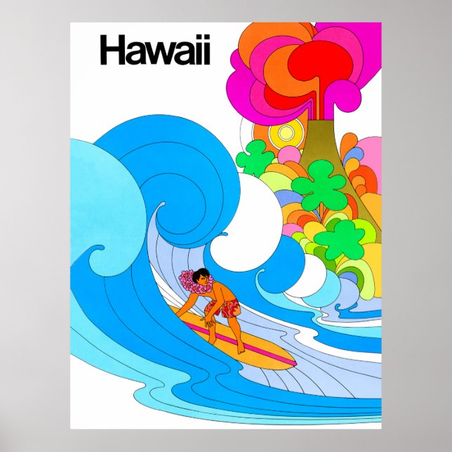 Hawaii, Surfing on big wave, sixties illustration Poster (Front)