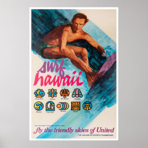 Hawaii Surfing Poster United Airlines Art Big Wave