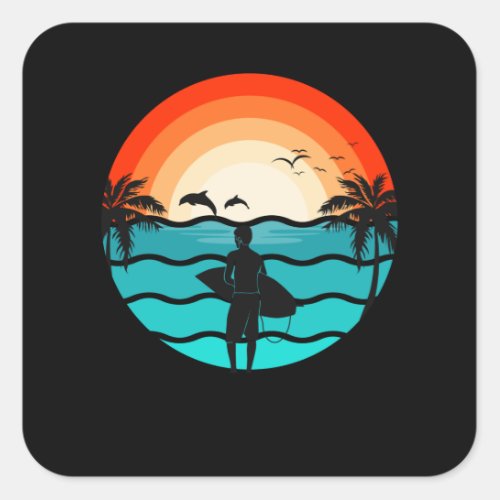 Hawaii Surfing Retro Illustration Surfer Square Sticker