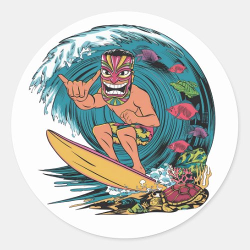 Hawaii surfing vintage colorful badge with man in  classic round sticker