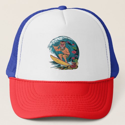 Hawaii surfing vintage colorful badge with man in  trucker hat