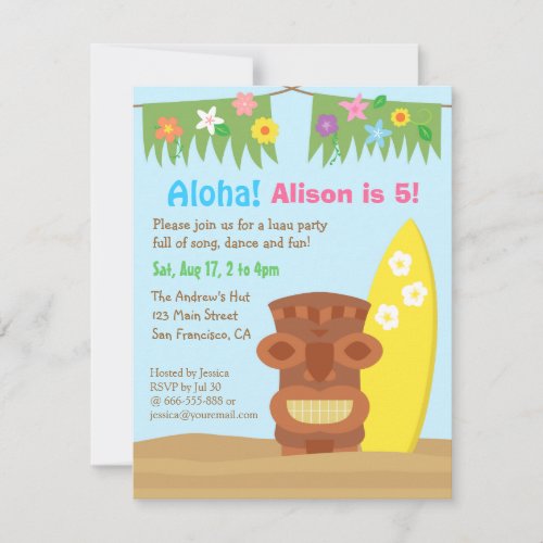 Hawaii Tiki Luau Beach Theme Birthday Party Invitation