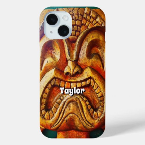 Hawaii Tiki Retro Wood Face Fun Photo Custom Name iPhone 15 Case