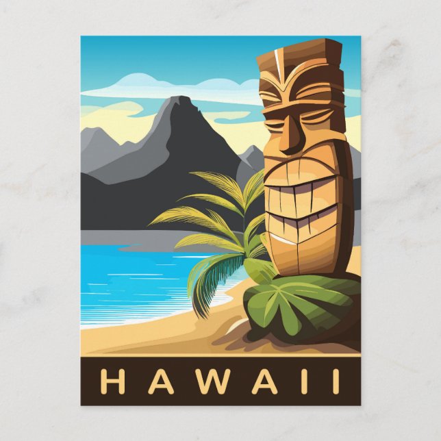 Hawaii, Tiki Statue on the Beach, Travel Postcard (Front)