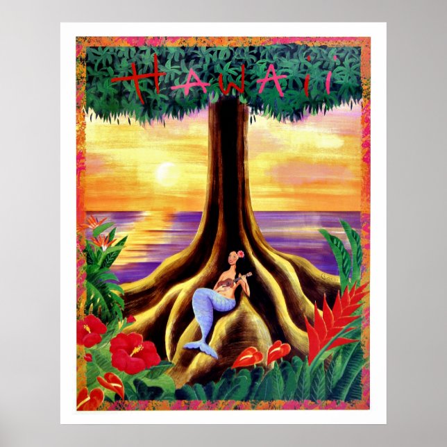 Hawaii, tropic island, mermaid under big tree poster (Front)