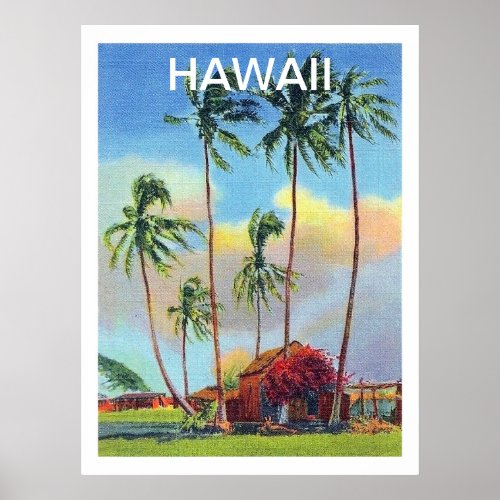 Hawaii tropic isle old cottage with palm trees poster