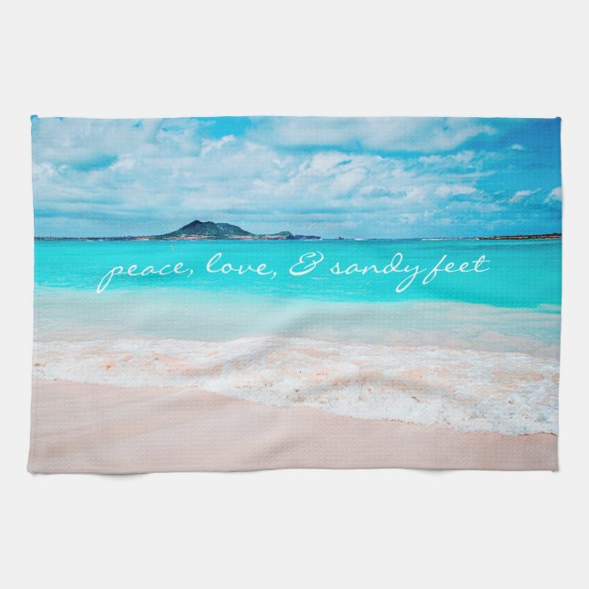 Hawaii Tropical Beach Peace Love Sandy Feet Script Kitchen Towel (Horizontal)
