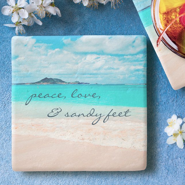 Hawaii Tropical Beach Peace Love Sandy Feet Script Stone Coaster (Creator Uploaded)