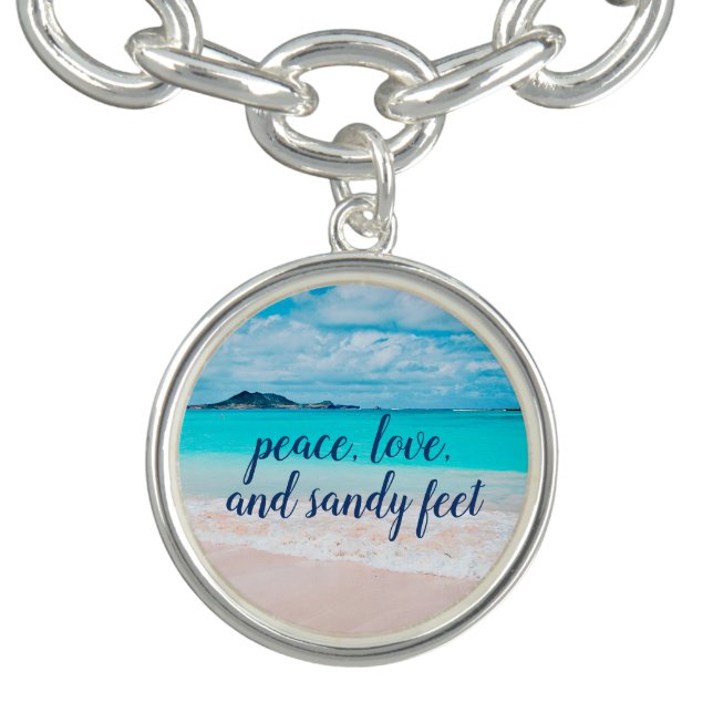 Hawaii Tropical Beach Photo Peace Love Sandy Feet Charm Bracelet (Design)