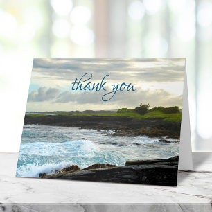 Hawaii Tropical Black Sand Beach Bold Waves Script Letterpress Thank You Card