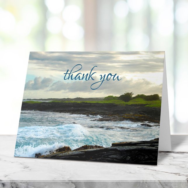 Hawaii Tropical Black Sand Beach Bold Waves Script Letterpress Thank You Card (Creator Uploaded)