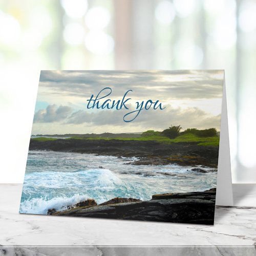 Hawaii Tropical Black Sand Beach Bold Waves Script Thank You Card