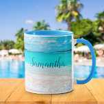 Hawaii tropical blue ocean sandy beach photo name mug<br><div class="desc">Remind yourself of the fresh salt smell of the ocean air whenever you have your morning coffee in this stunning, vibrantly-colored photo of a turquoise blue ocean and sandy beach, personalized name coffee mug. Exhale and explore the solitude of an empty Hawaiian beach. Makes a great gift for someone special!...</div>