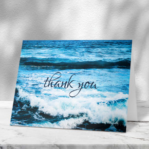 Hawaii tropical blue ocean waves photo script letterpress thank you card