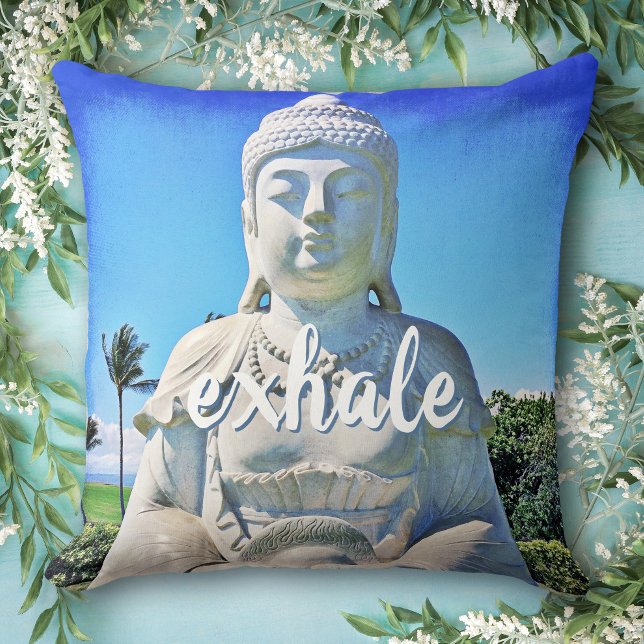 Hawaii Tropical Buddha Photo Exhale Script Quote Throw Pillow (Creator Uploaded)