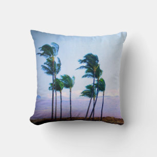 Hawaii tropical coastal palm trees purple mountain throw pillow