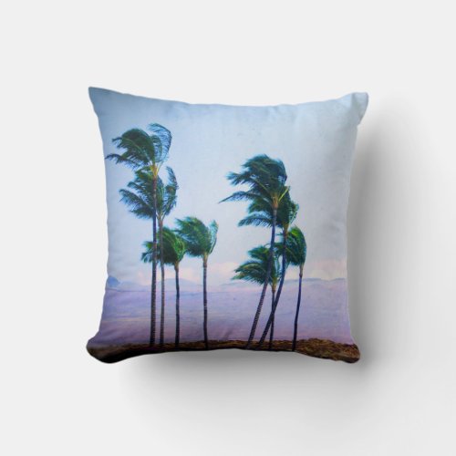 Hawaii tropical coastal palm trees purple mountain throw pillow