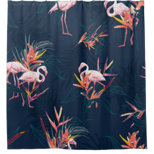 Hawaii Tropical Flamingo With Bird of Paradise Flo Shower Curtain