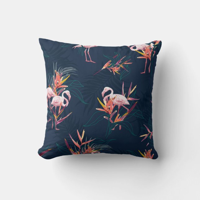 Hawaii Tropical Flamingo With Bird of Paradise Flo Throw Pillow (Front)