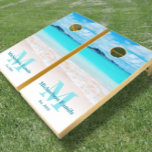Hawaii Tropical Ocean Beach Custom Monogram Name Cornhole Set<br><div class="desc">Wherever you set up this cornhole set, you can be rest assured that the summer seashore fun will continue. The beauty of an empty, stunning, white sand Hawaii beach with a turquoise blue ocean, is personalized with your monogram initial, family name and year established in bold, graphic typography. Great for...</div>