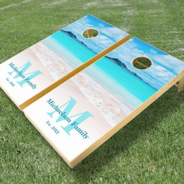 Hawaii Tropical Ocean Beach Custom Monogram Name Cornhole Set (Creator Uploaded)