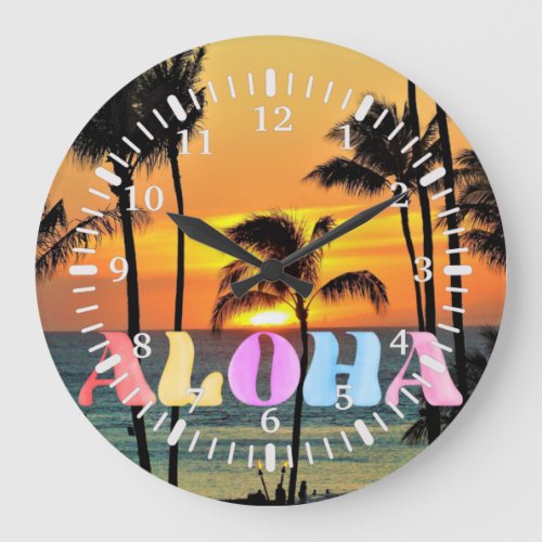Hawaii Tropical Ocean Palm Tree Sunset Large Clock