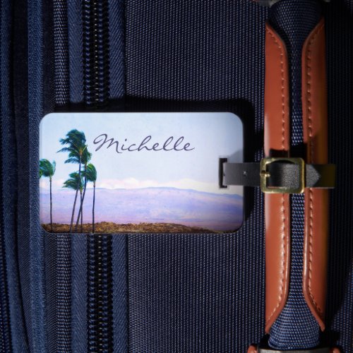 Hawaii tropical palm tree photo custom name script luggage tag