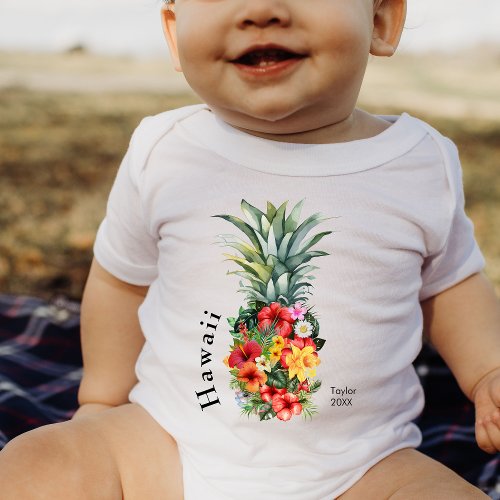 Hawaii Tropical Pineapple w Flowers Family Name Baby Bodysuit