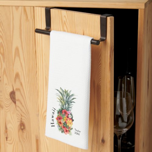 Hawaii Tropical Pineapple w Flowers Family Name Kitchen Towel