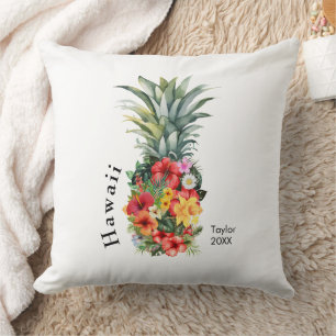 Hawaii Tropical Pineapple w/ Flowers, Family Name Throw Pillow