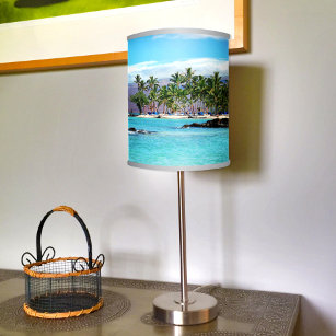 Hawaii Turquoise Beach Palm Trees Mountain Photo Table Lamp