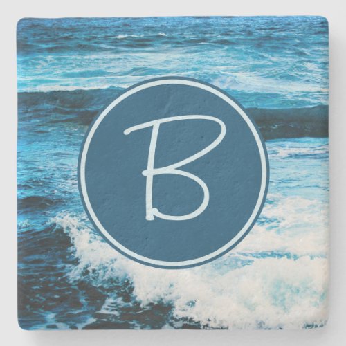 Hawaii Turquoise Blue Ocean Waves Monogram Initial Stone Coaster