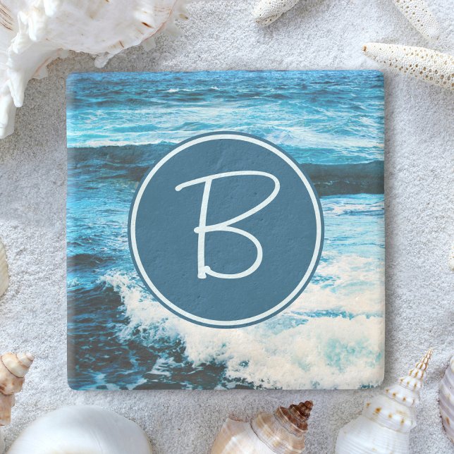 Hawaii Turquoise Blue Ocean Waves Monogram Initial Stone Coaster (Creator Uploaded)