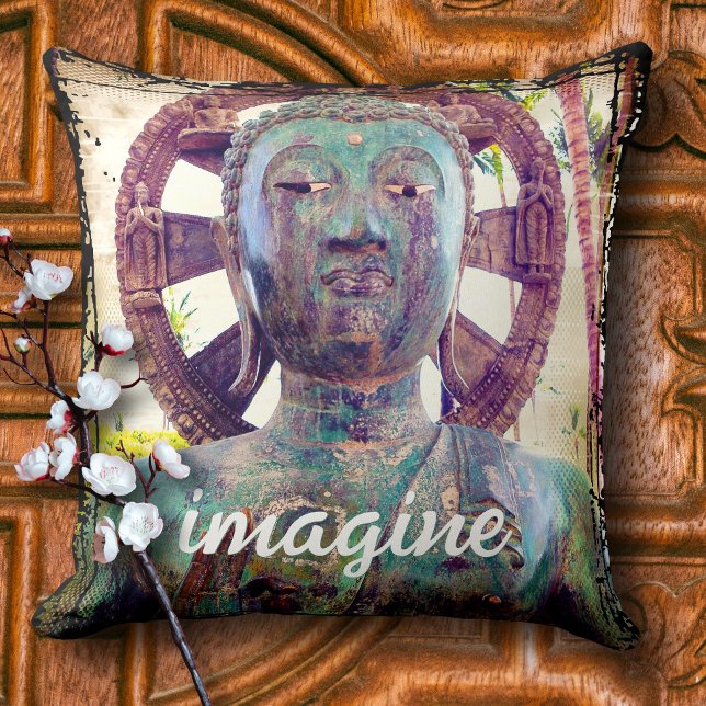 Hawaii Turquoise Buddha Photo Imagine Script Bold Throw Pillow (Creator Uploaded)