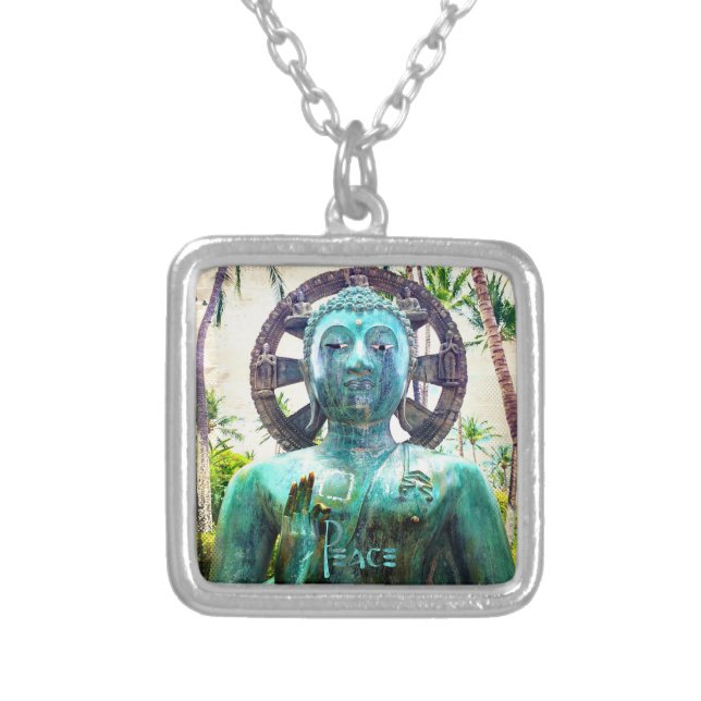 Hawaii Turquoise Buddha Statue Photo Peace Quote  Silver Plated Necklace (Front)