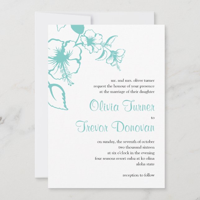 Hawaii Turquoise Hibiscus Destination Wedding Invitation (Front)