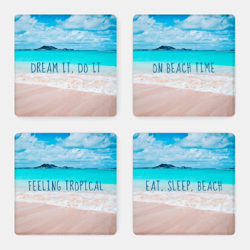 Hawaii turquoise ocean sandy beach photo 4 quotes coaster set