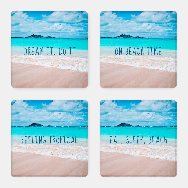 Hawaii turquoise ocean sandy beach photo 4 quotes coaster set (Set)